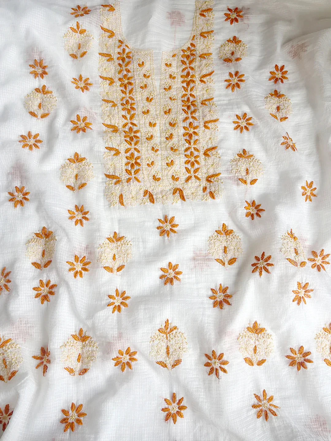 Eshani Kota Cotton Chikankari Un-stitched Kurti Piece with Dupatta - Orange