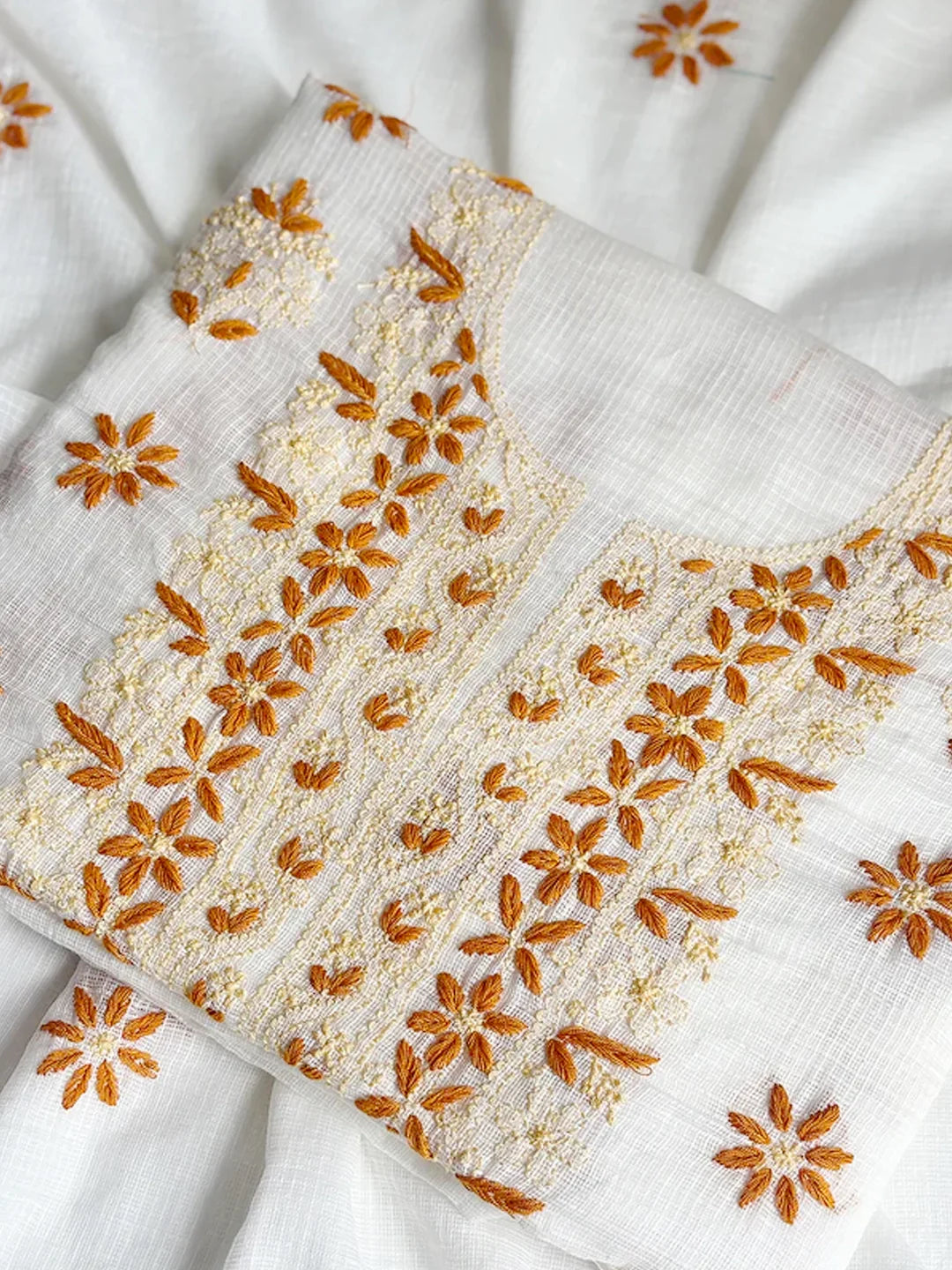 Eshani Kota Cotton Chikankari Un-stitched Kurti Piece with Dupatta - Orange