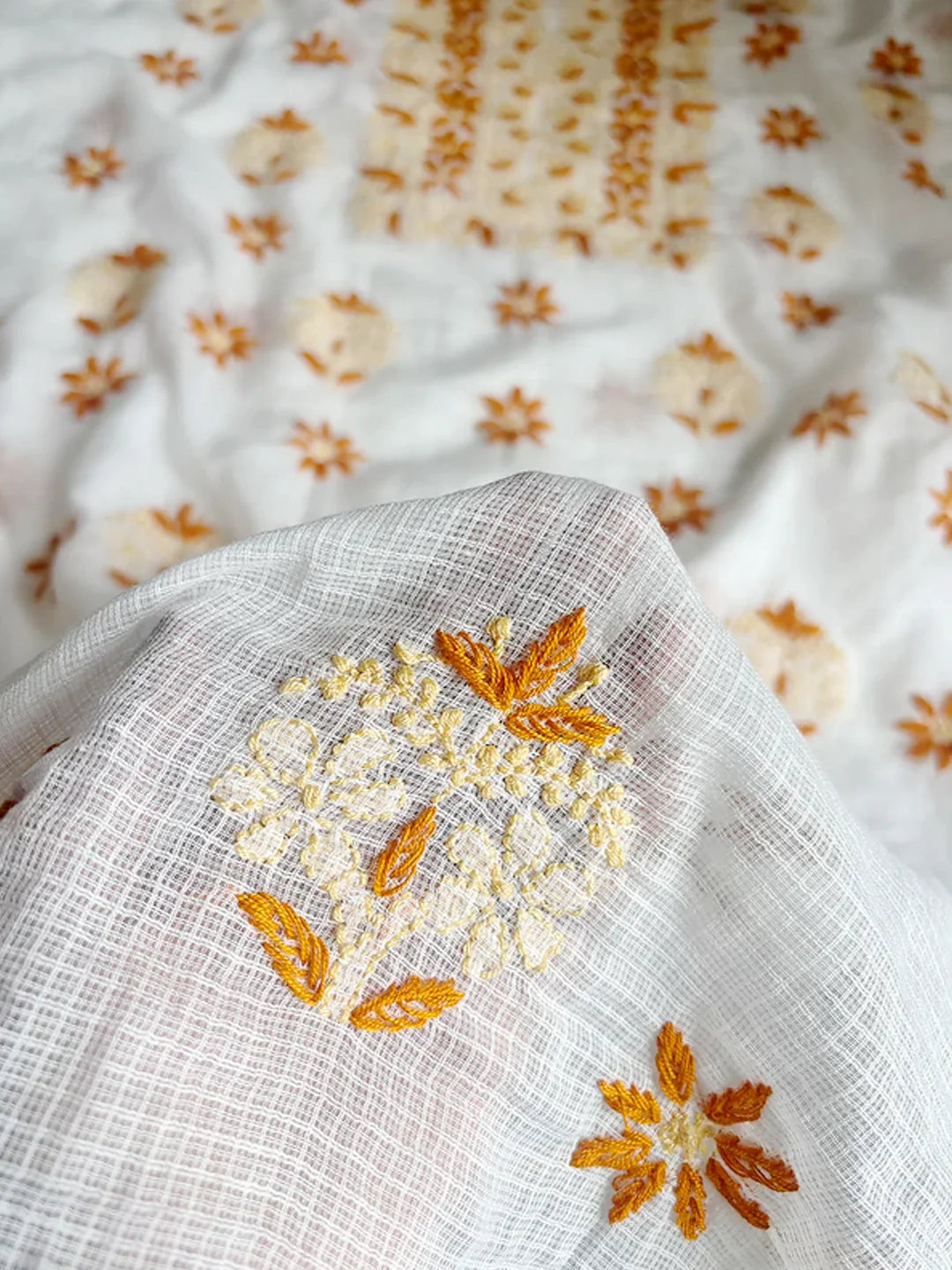 Eshani Kota Cotton Chikankari Un-stitched Kurti Piece with Dupatta - Orange