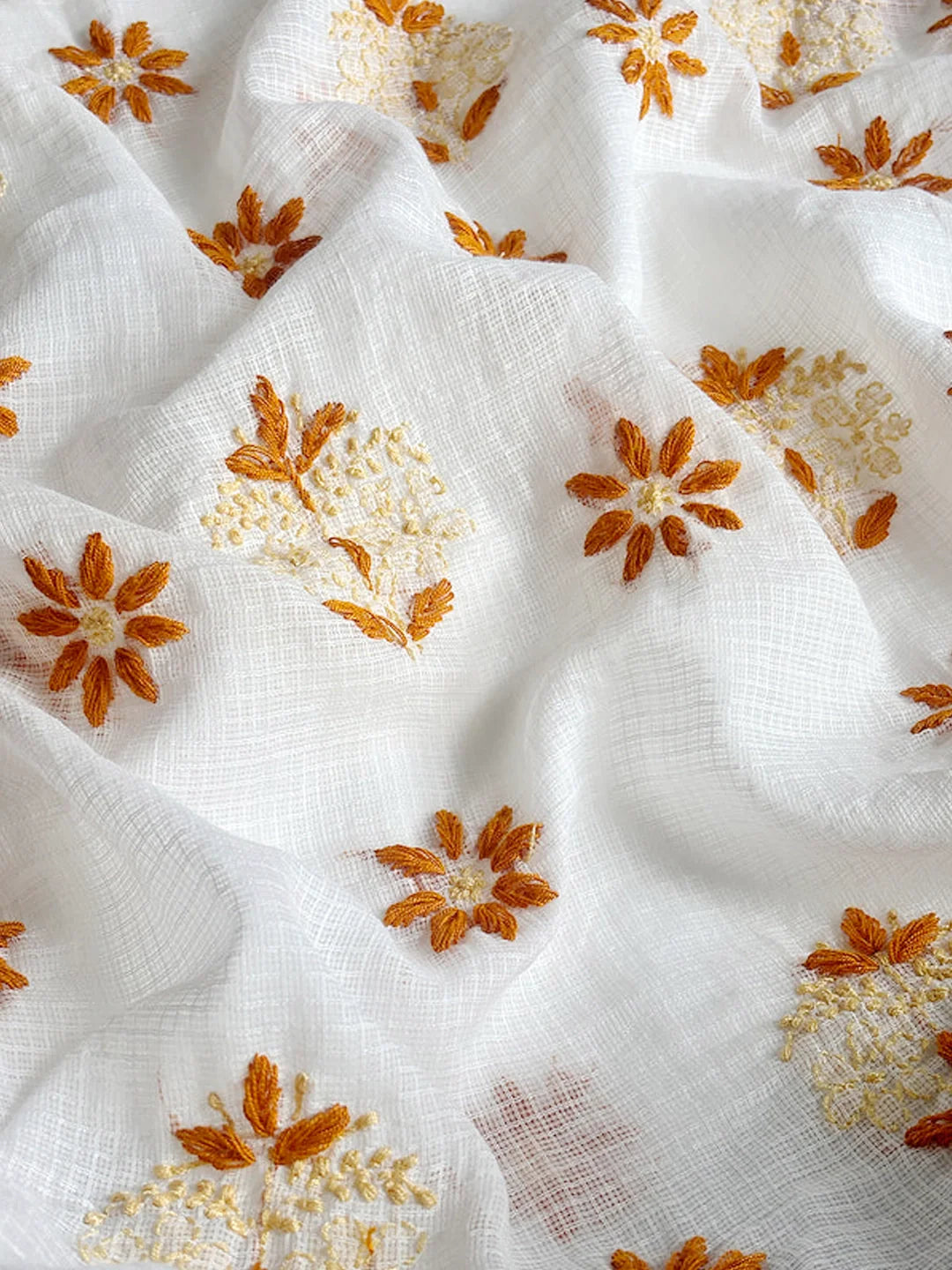 Eshani Kota Cotton Chikankari Un-stitched Kurti Piece with Dupatta - Orange