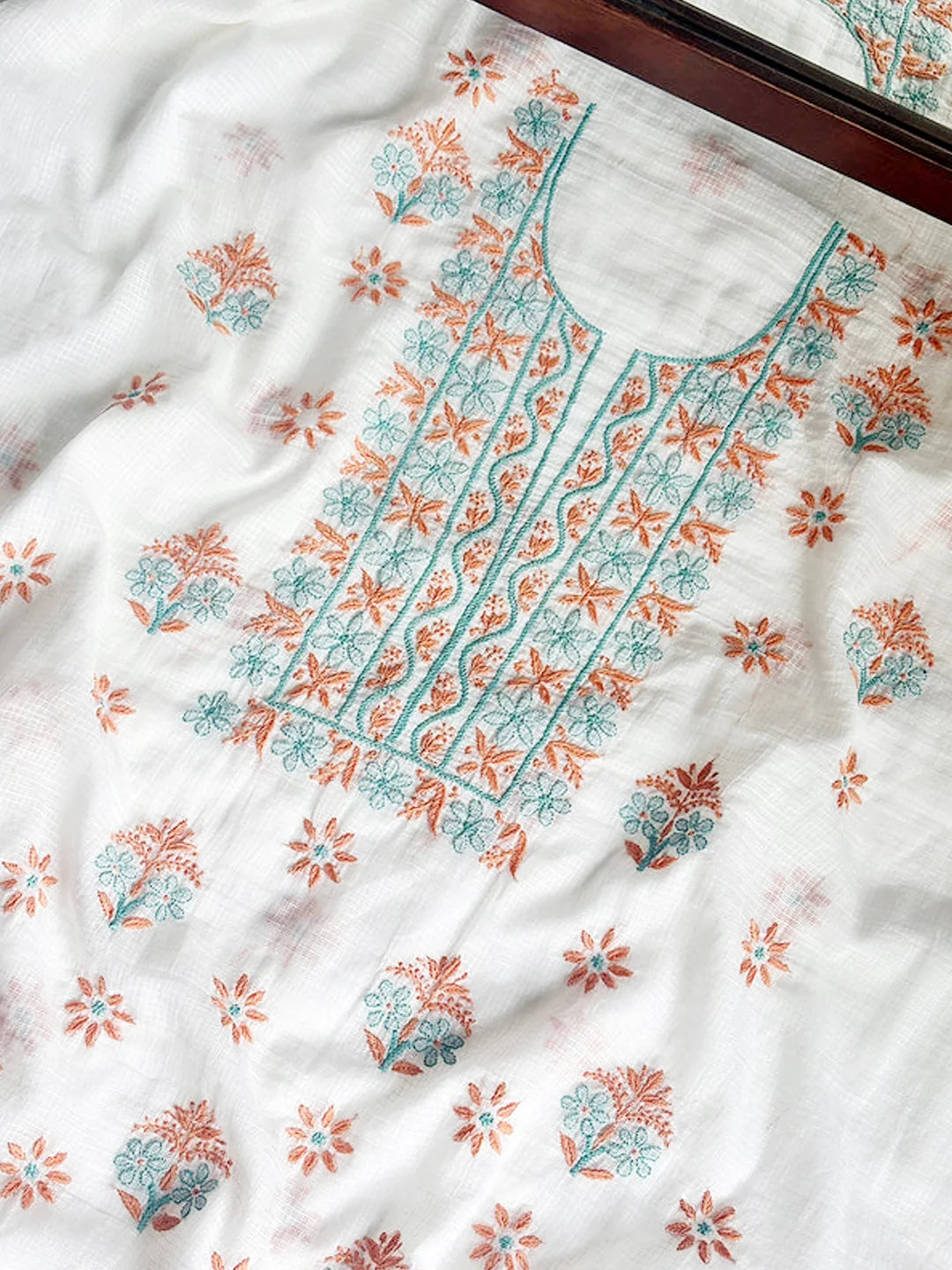 Eshani Kota Cotton Chikankari Un-stitched Kurti Piece with Dupatta - Coral