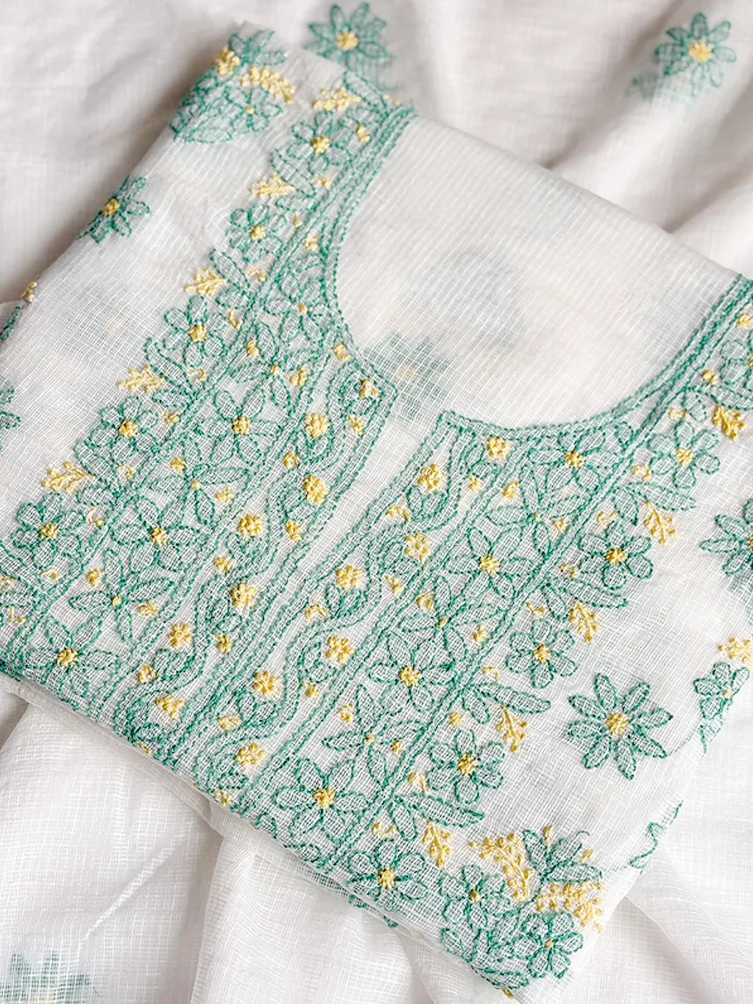 Eshani Kota Cotton Chikankari Un-stitched Kurti Piece with Dupatta - Sea Green