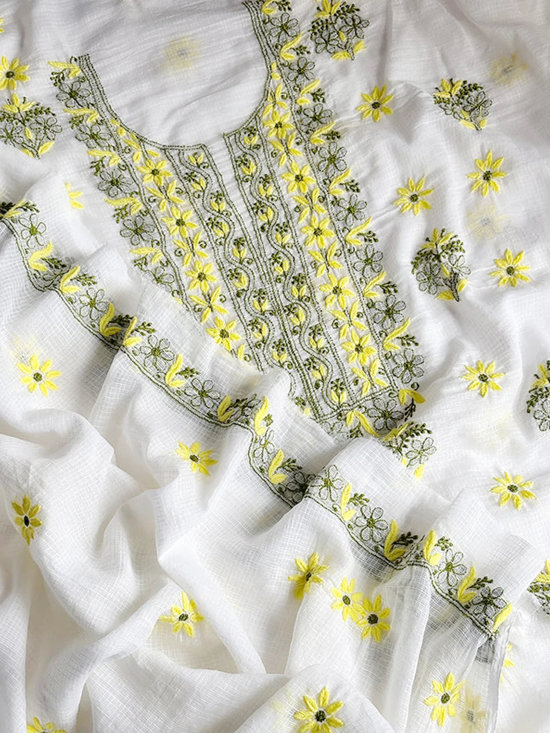 Eshani Kota Cotton Chikankari Un-stitched Kurti Piece with Dupatta - Yellow