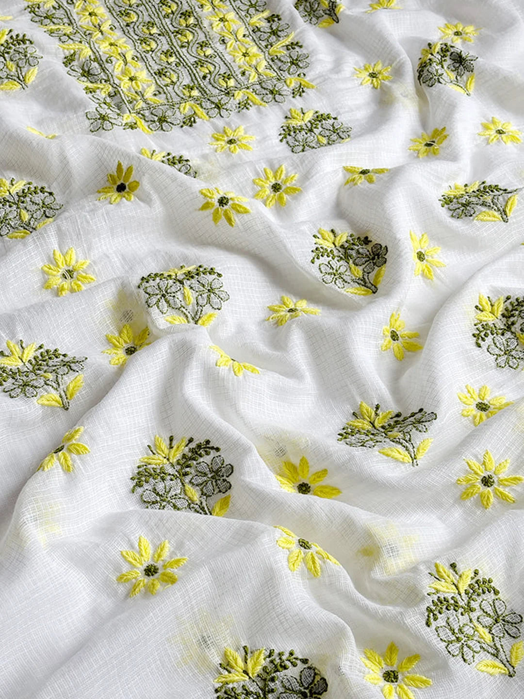 Eshani Kota Cotton Chikankari Un-stitched Kurti Piece with Dupatta - Yellow