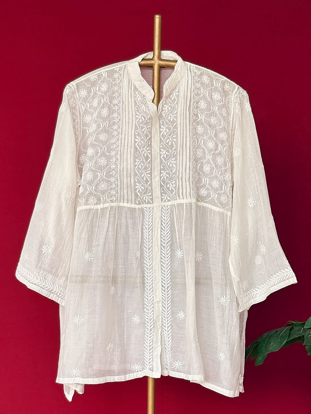 Feba Mul Chanderi Semi-Stitched Chikankari Short Kurta - White