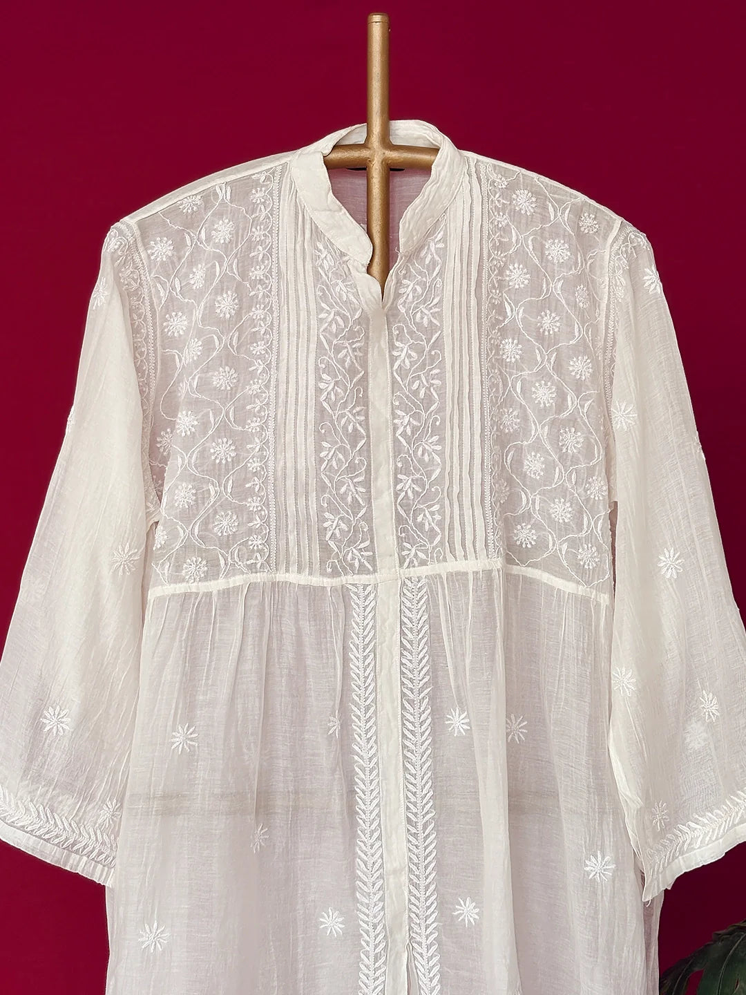Feba Mul Chanderi Semi-Stitched Chikankari Short Kurta - White