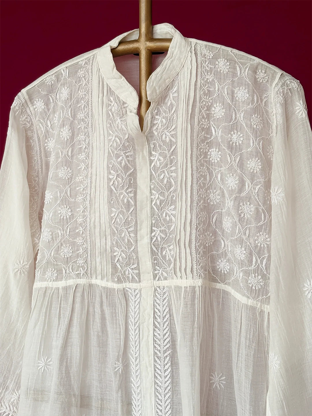 Feba Mul Chanderi Semi-Stitched Chikankari Short Kurta - White