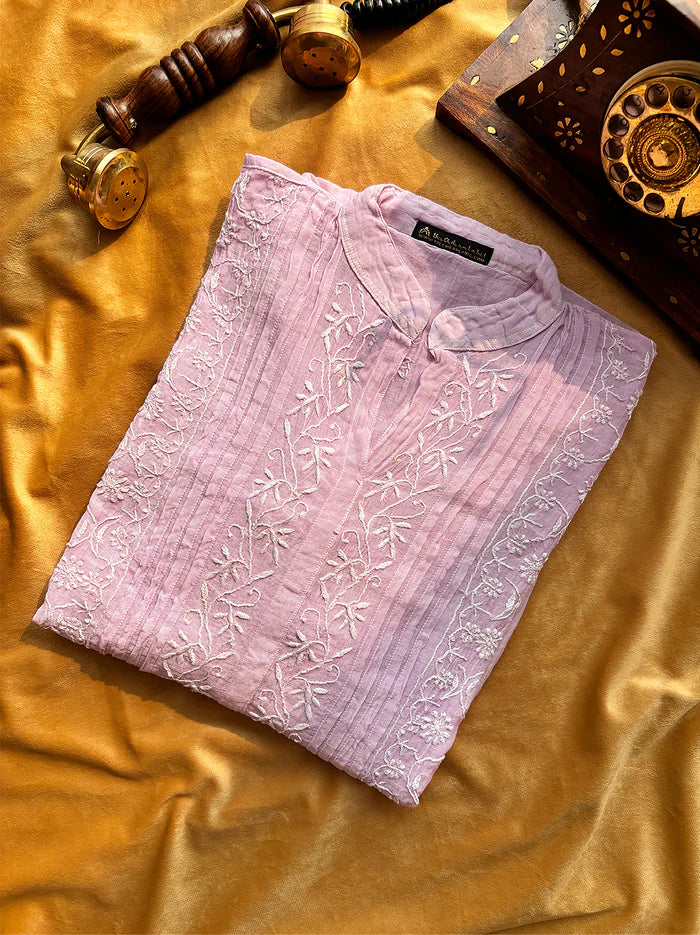 Feba Mul Chanderi Semi-Stitched Chikankari Short Kurta - Lavender