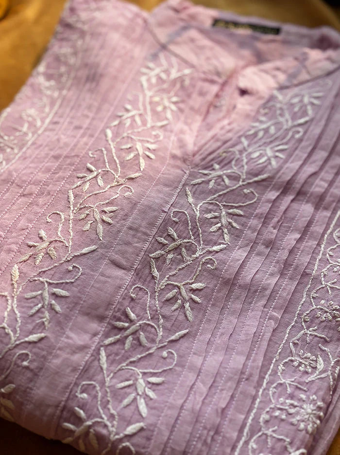 Feba Mul Chanderi Semi-Stitched Chikankari Short Kurta - Lavender
