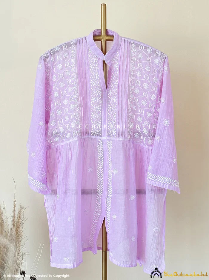 Feba Mul Chanderi Semi-Stitched Chikankari Short Kurta - Lavender