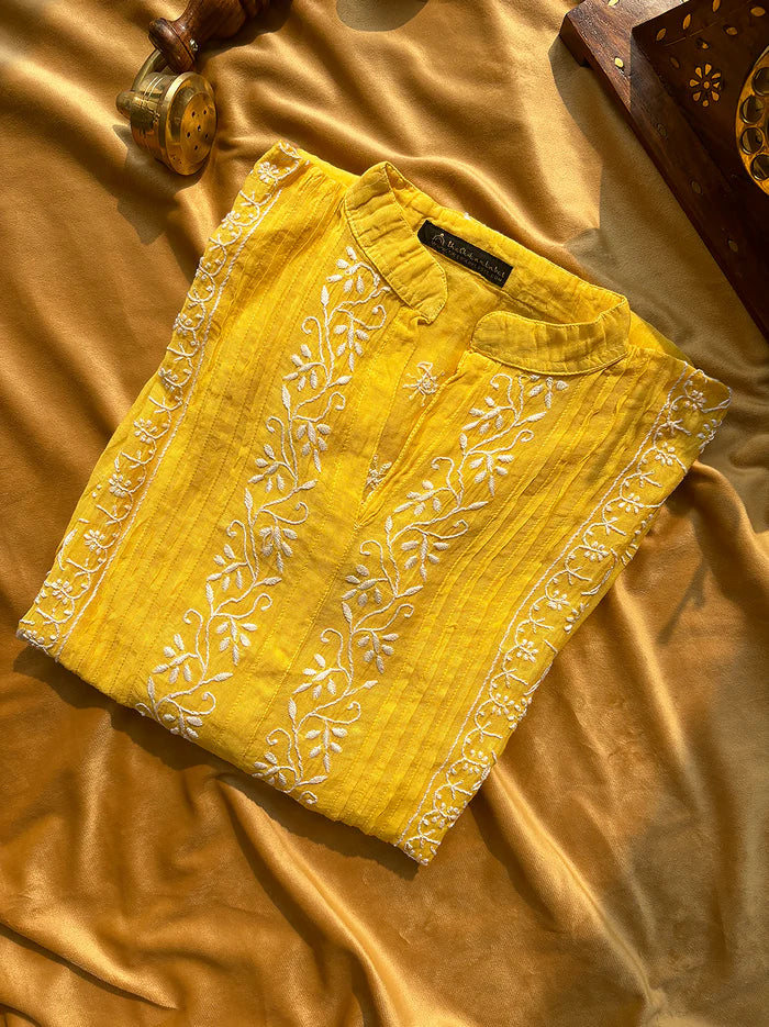 Feba Mul Chanderi Semi-Stitched Chikankari Short Kurta - Yellow