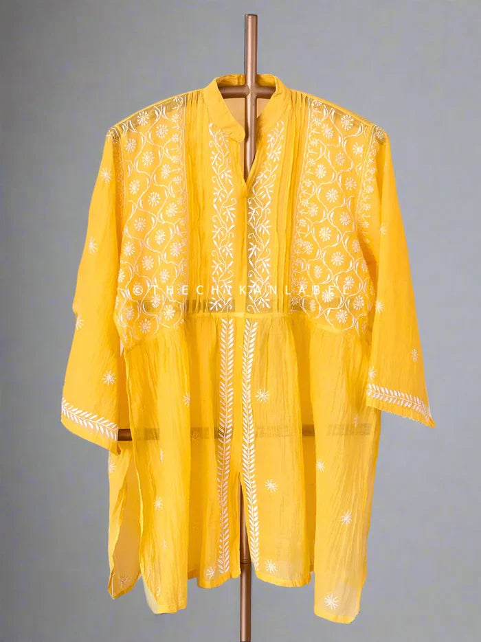 Feba Mul Chanderi Semi-Stitched Chikankari Short Kurta - Yellow
