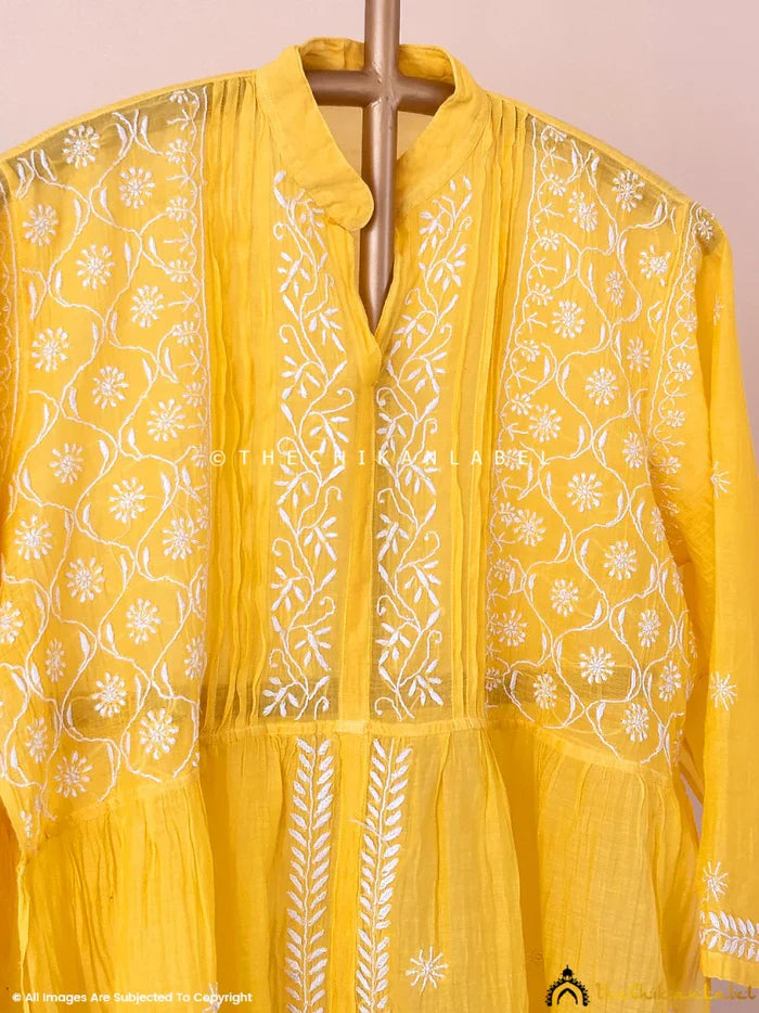 Feba Mul Chanderi Semi-Stitched Chikankari Short Kurta - Yellow