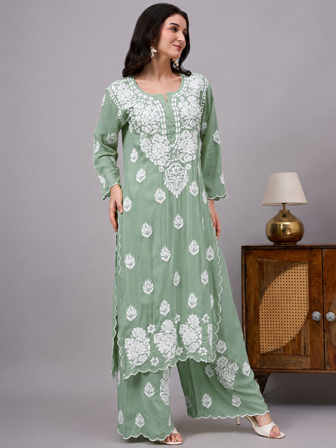 Najat Modal Chikankari Kurti Palazzo Set - Green