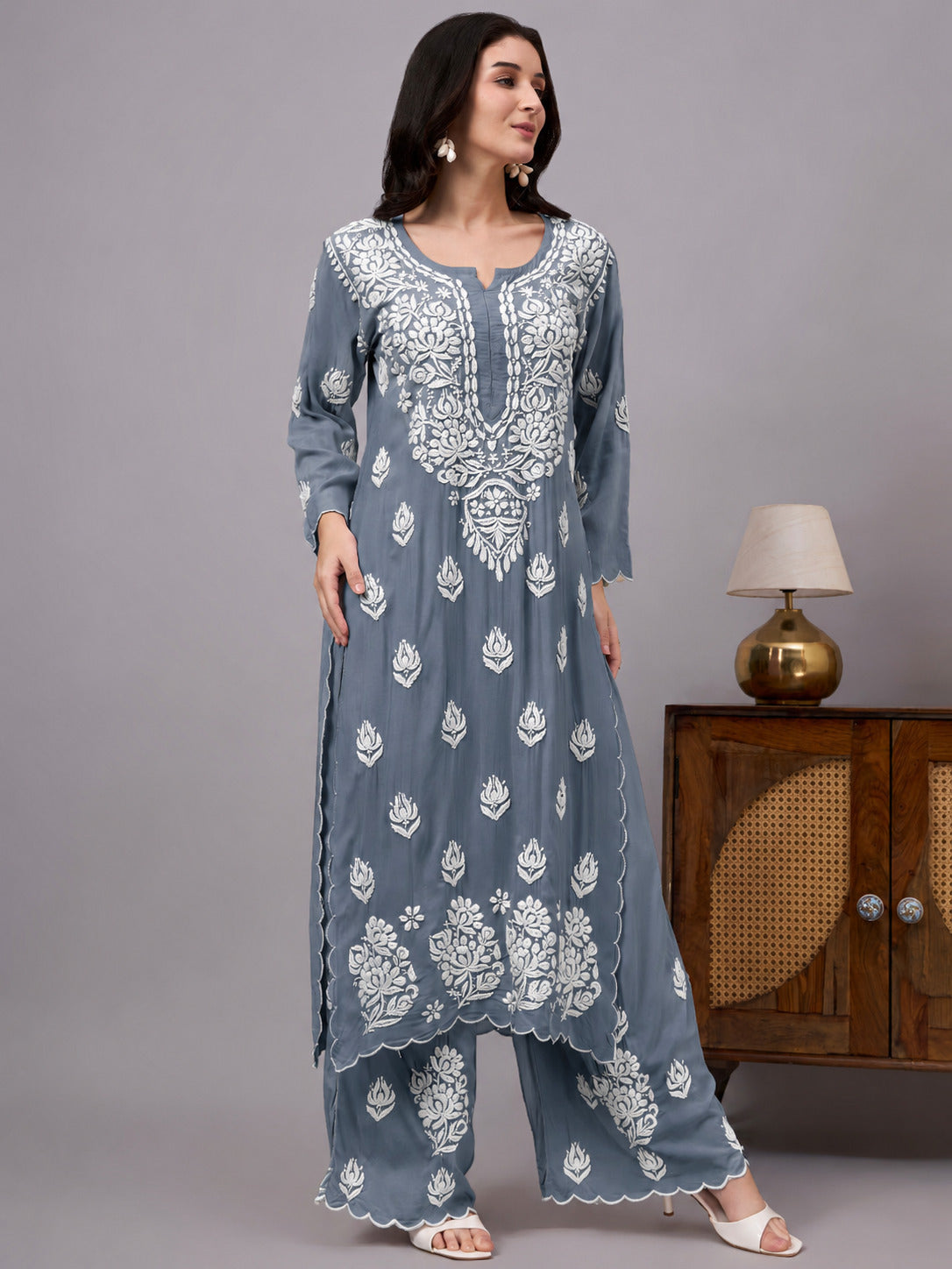 Najat Modal Chikankari Kurti Palazzo Set - Grey