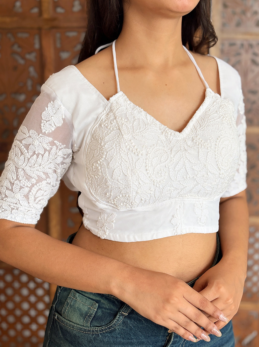 Georgette Chikankari Half Sleeve Blouse - White