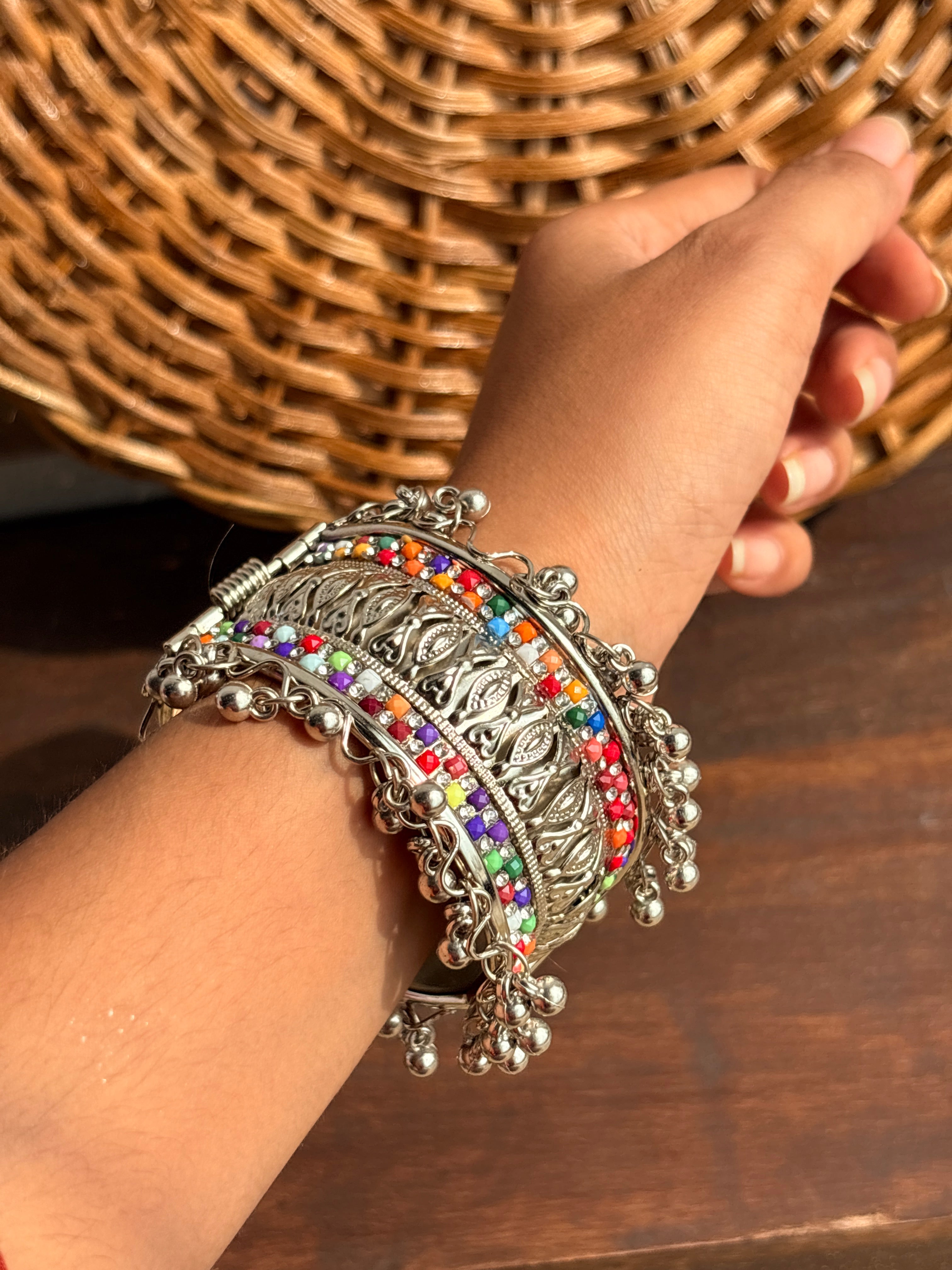Rangili Oxidised Silver-Tone Multicolour Stone Ghungroo Cuff Bracelet