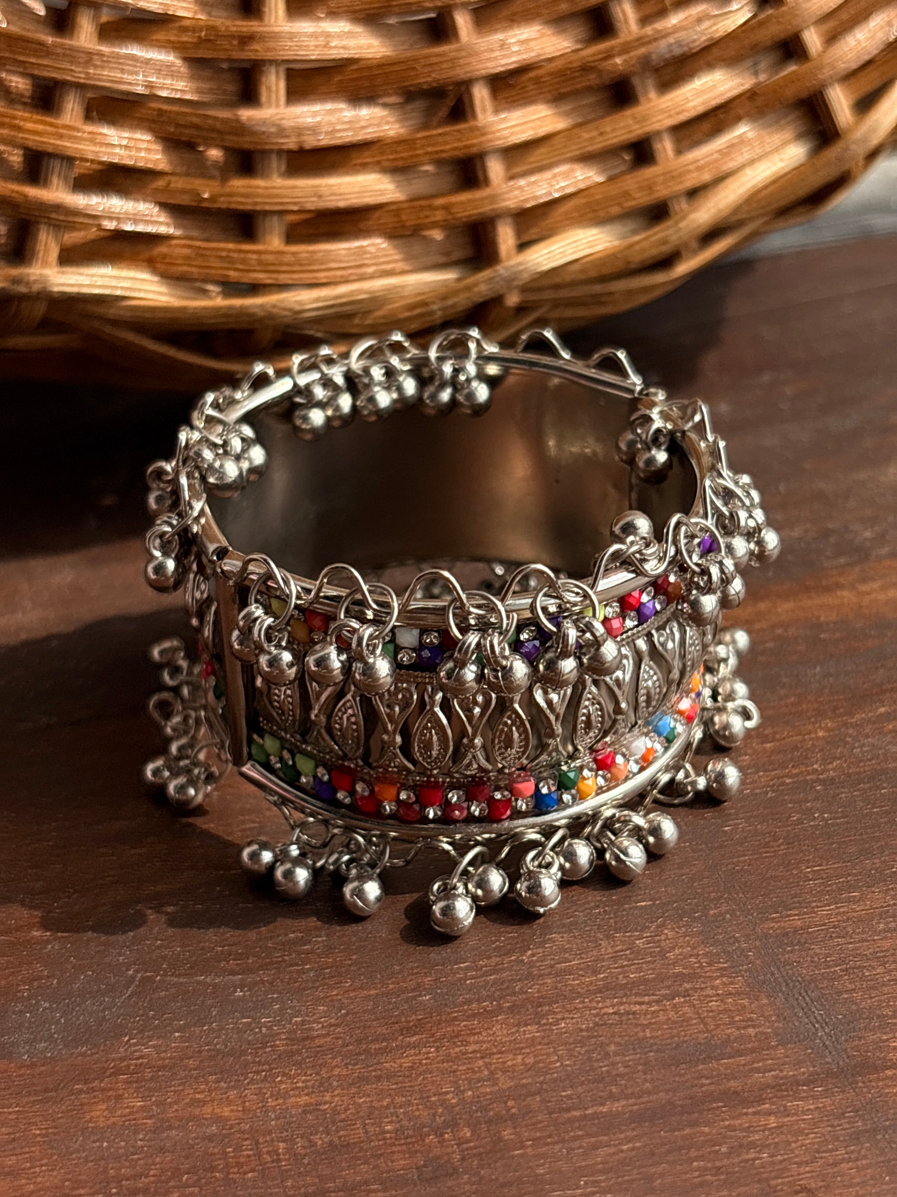 Rangili Oxidised Silver-Tone Multicolour Stone Ghungroo Cuff Bracelet