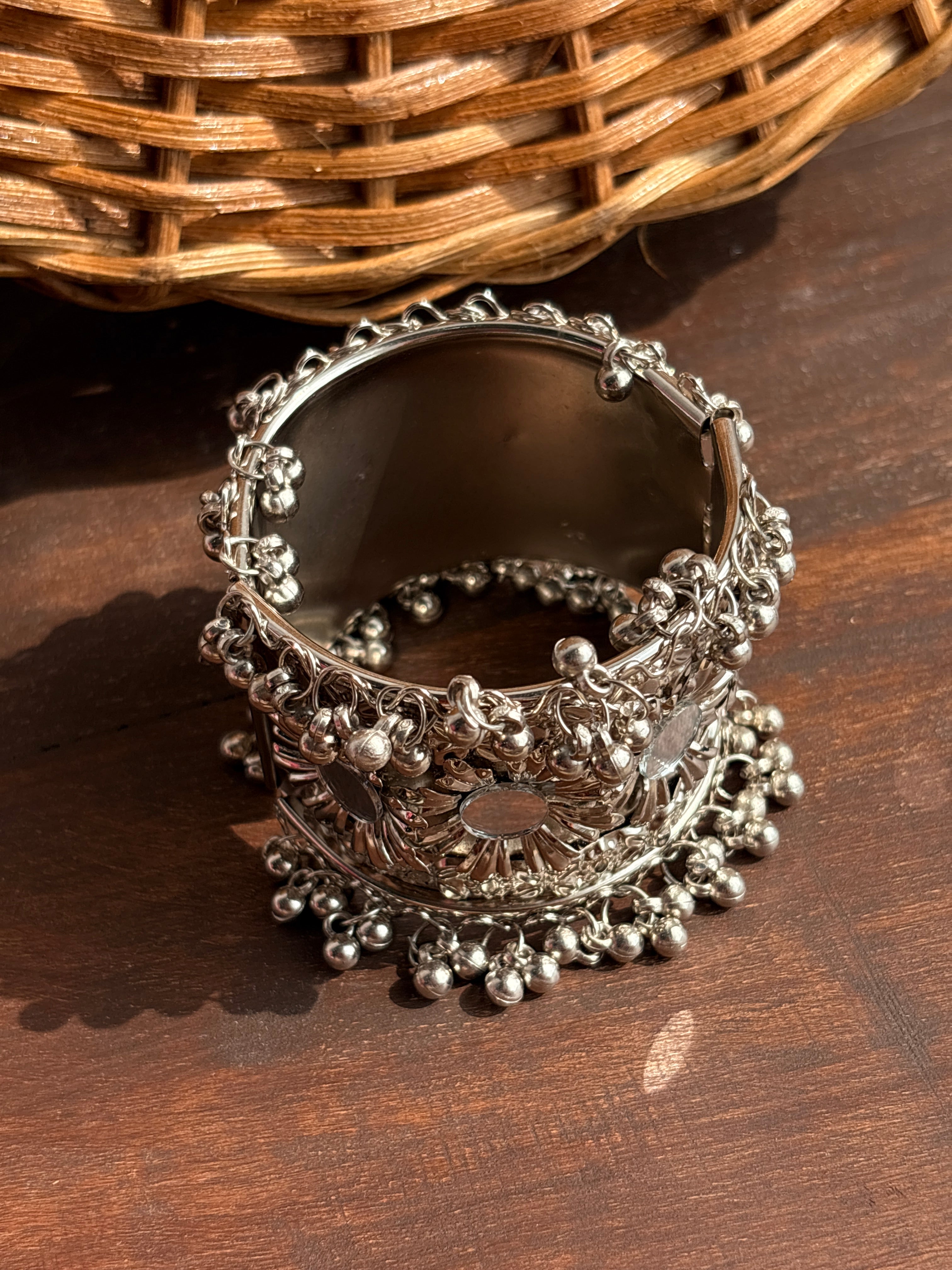 Sheesha Oxidised Silver-Tone Mirror Ghungroo Broad Cuff Bracelet