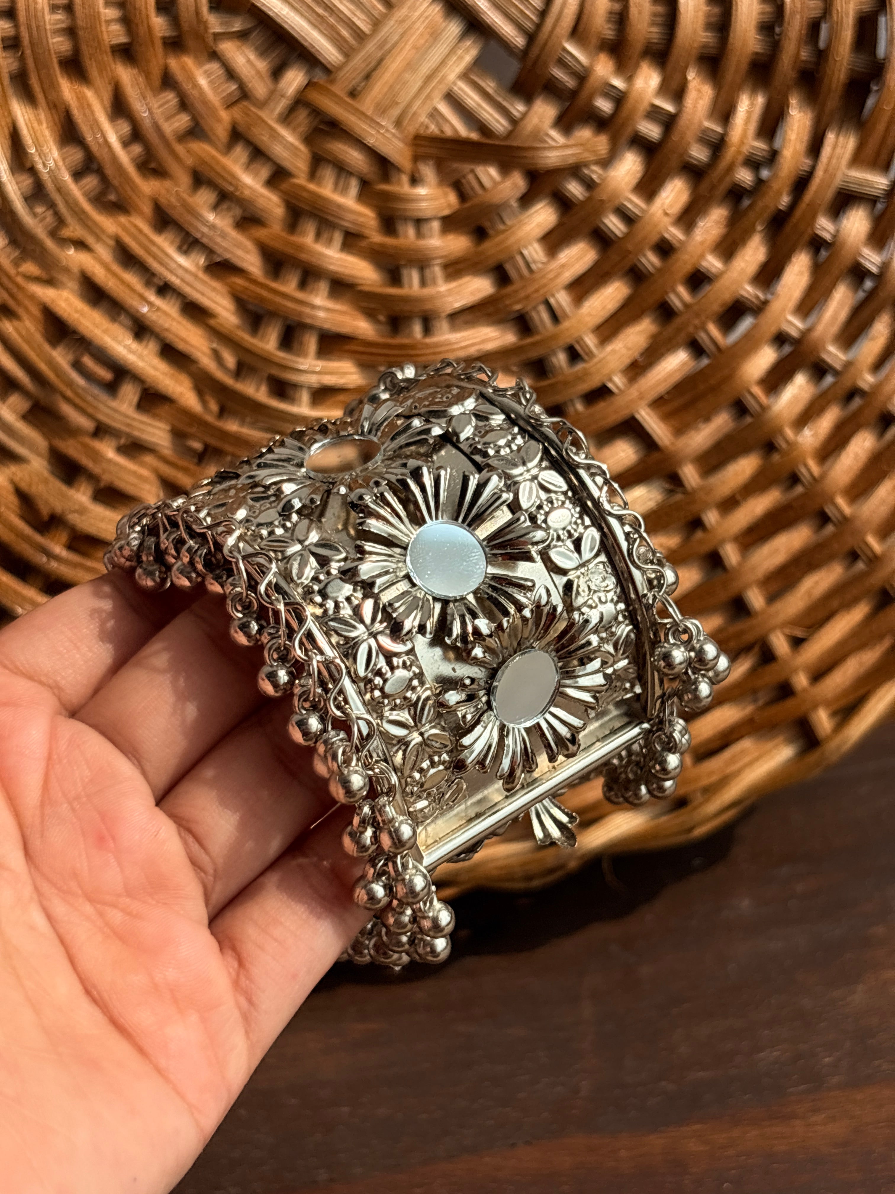 Sheesha Oxidised Silver-Tone Mirror Ghungroo Broad Cuff Bracelet