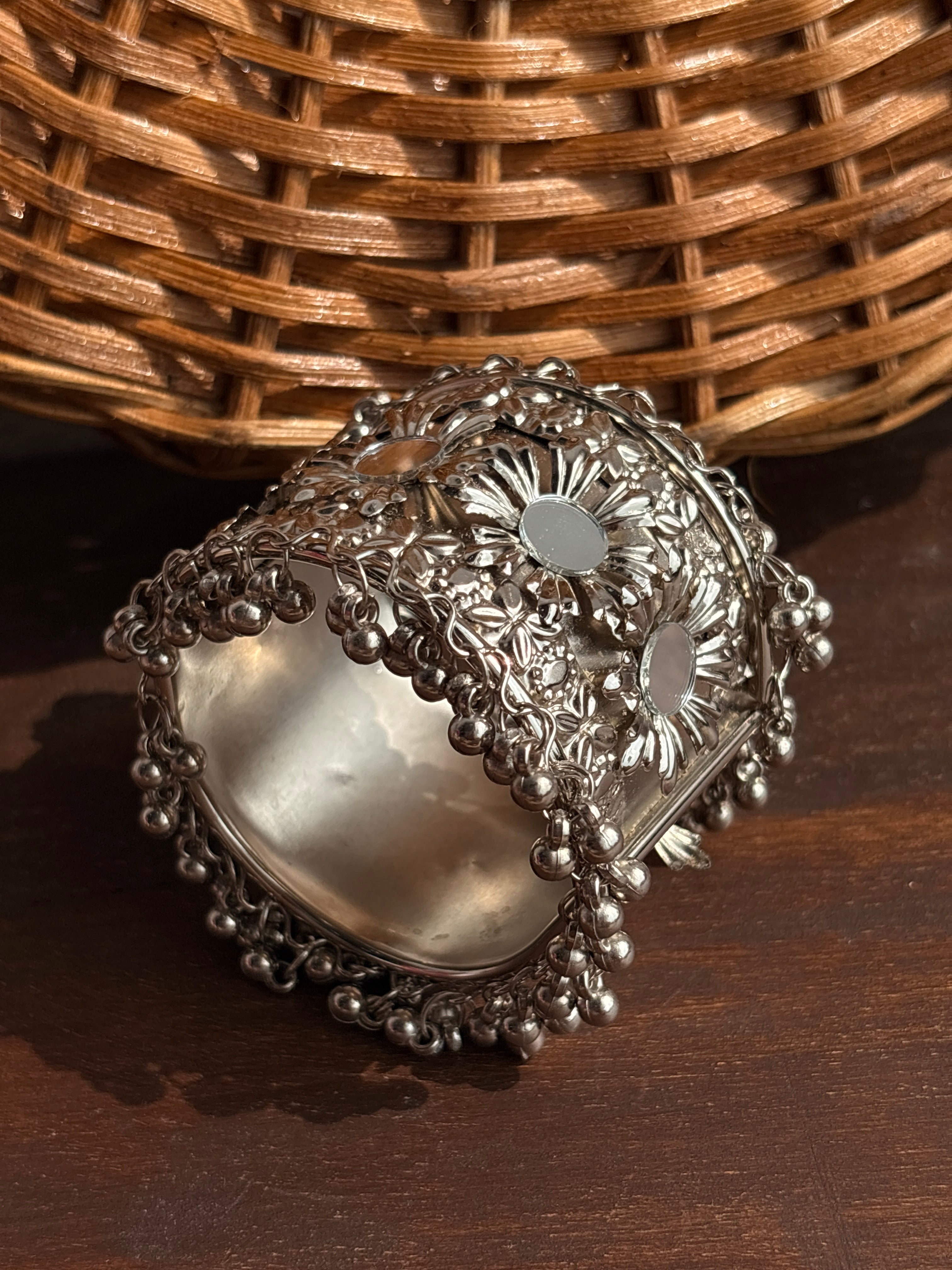 Sheesha Oxidised Silver-Tone Mirror Ghungroo Broad Cuff Bracelet