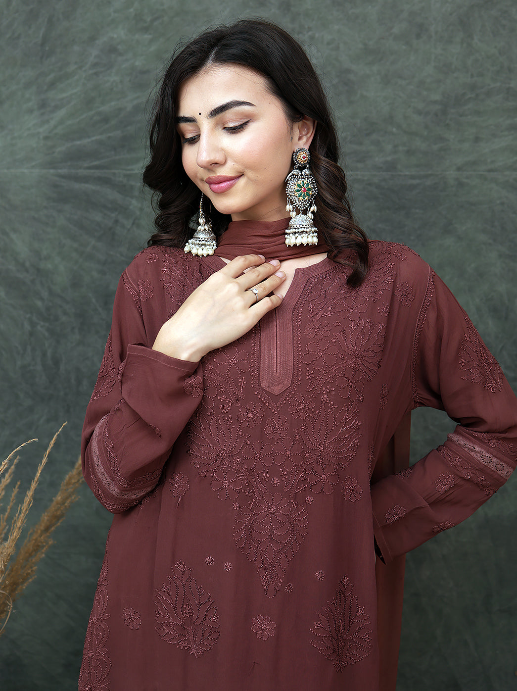 Giva Viscose Chikankari Kurti Garara Set with Dupatta - Choco