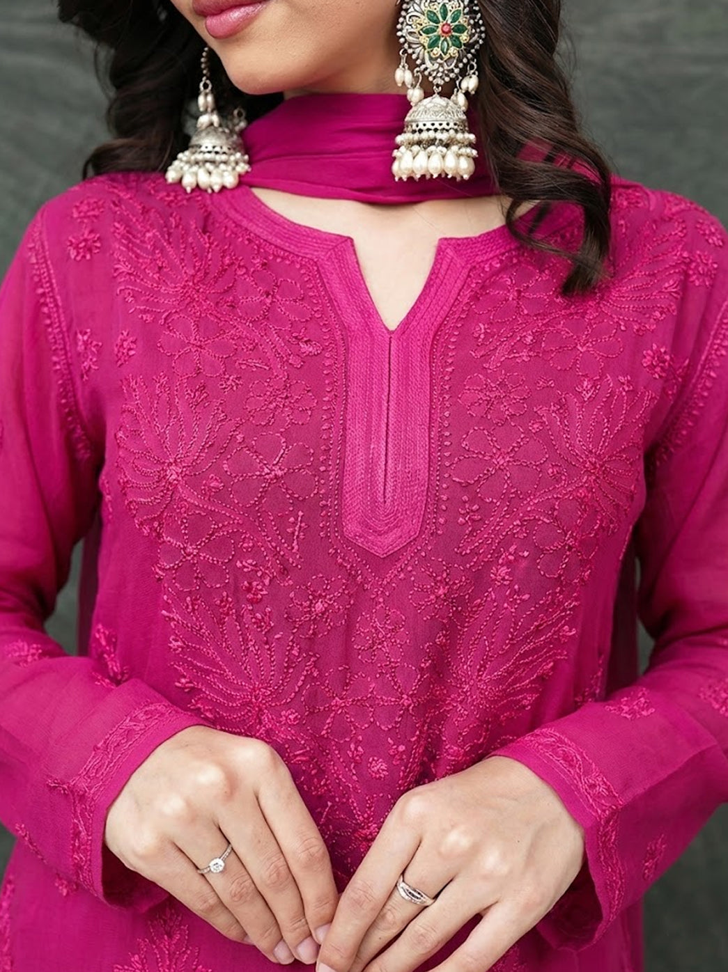 Giva Viscose Chikankari Kurti Garara Set with Dupatta - Hot Pink