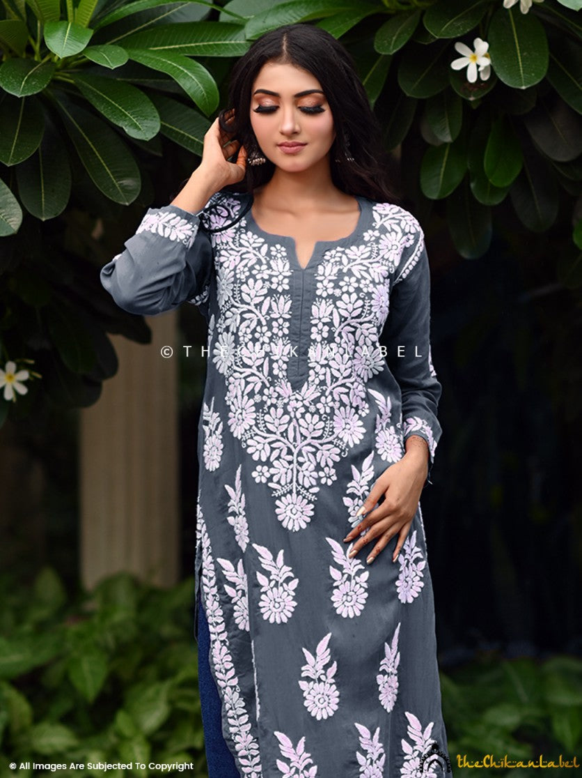 Straight-cut modal kurti with pastel chikankari motifs