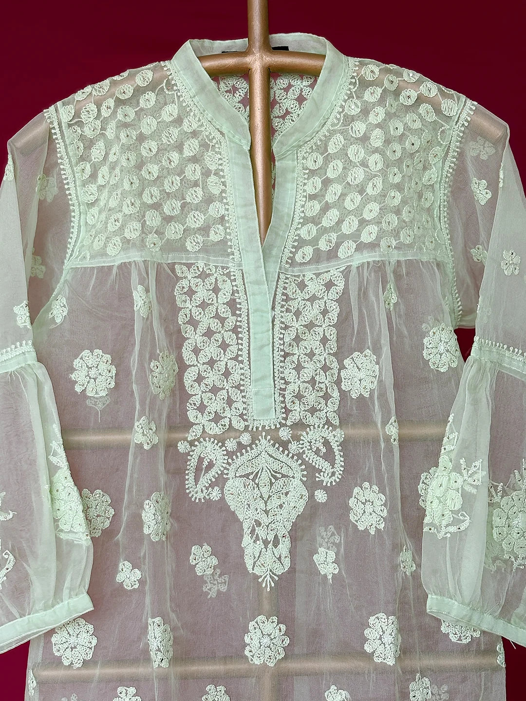 Aashna Organza Chikankari Short Kurta - Green