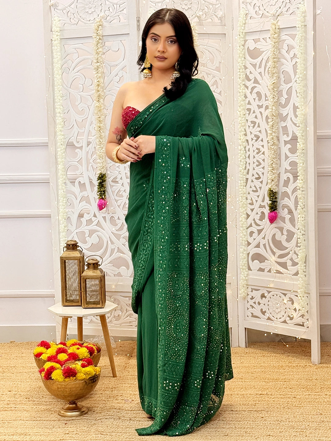 Green Begum Viscose Chikankari Saree