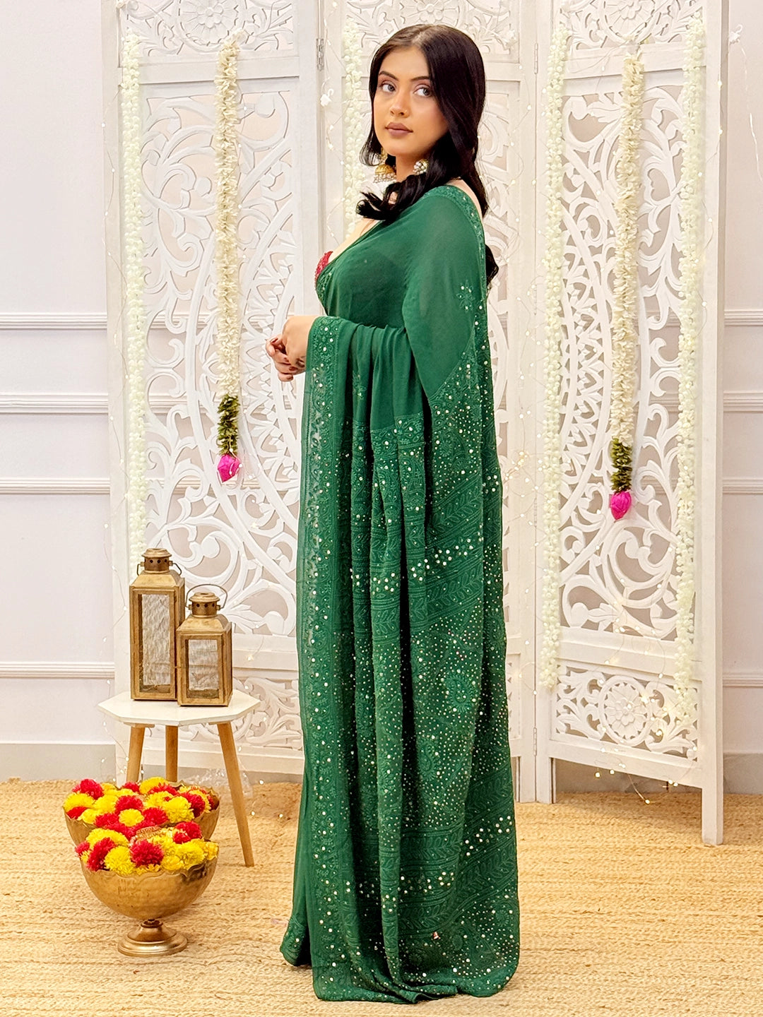 Green Begum Viscose Chikankari Saree
