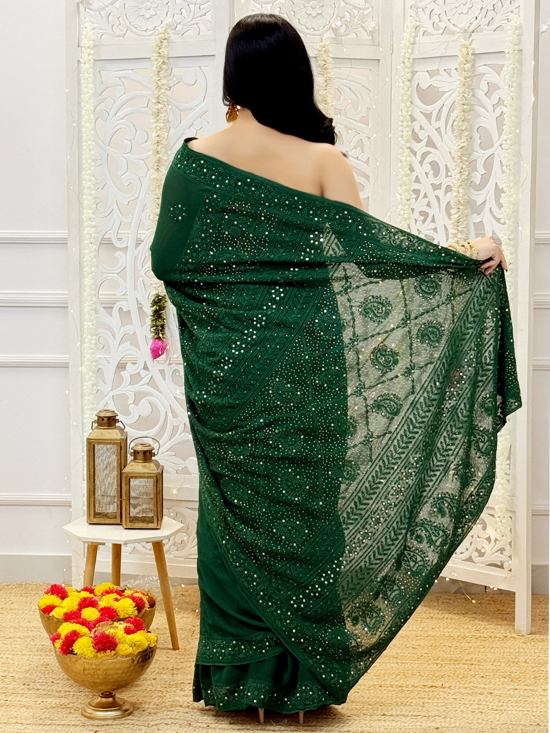 Green Begum Viscose Chikankari Saree