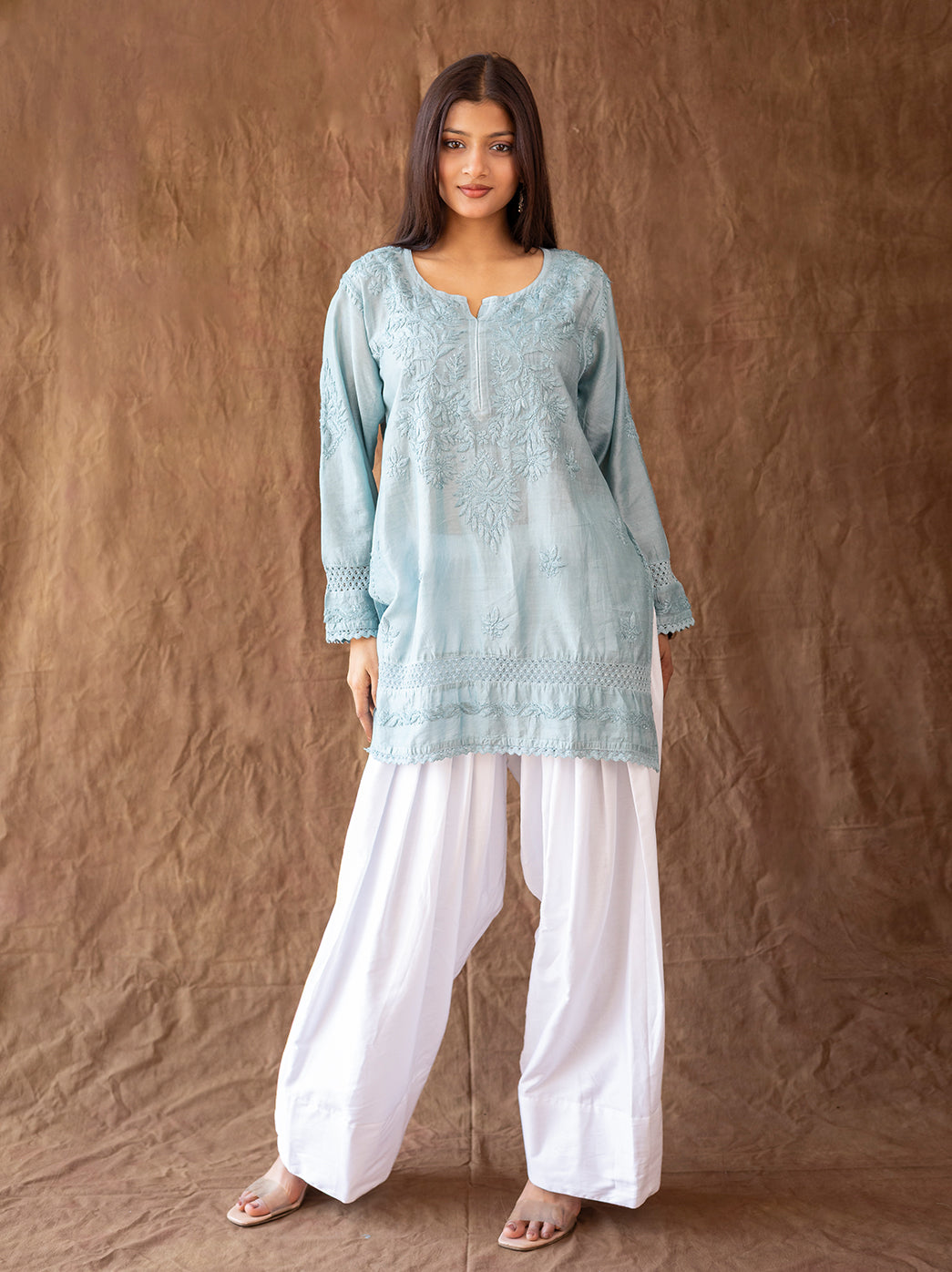 Lucknowi chikankari kurti farshi salwar ensemble crafted in breathable Chanderi fabric with refined hand embroidery details