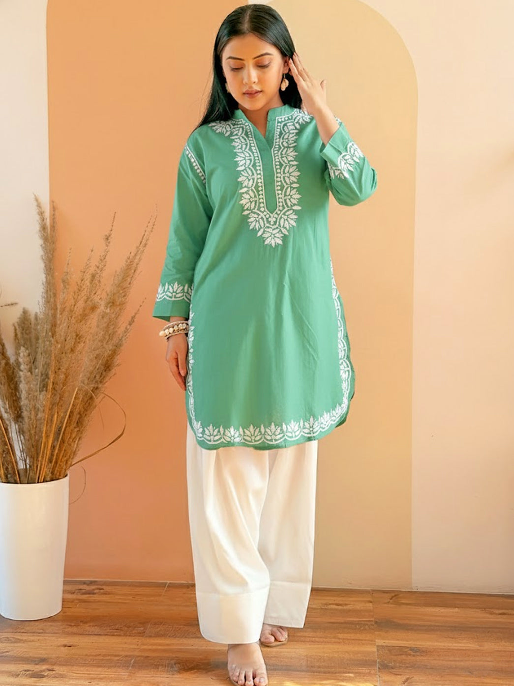 Green Cotton Chikankari Farshi Salwar Set