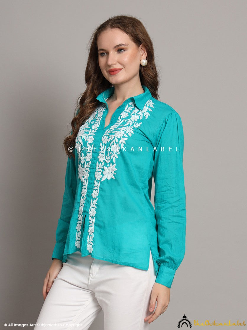 Side profile of green chikankari shirt highlighting embroidery detail