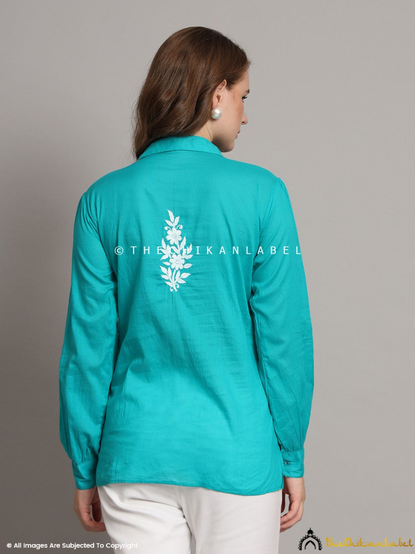 Model showcasing green chikankari shirt in festive ethnic styling