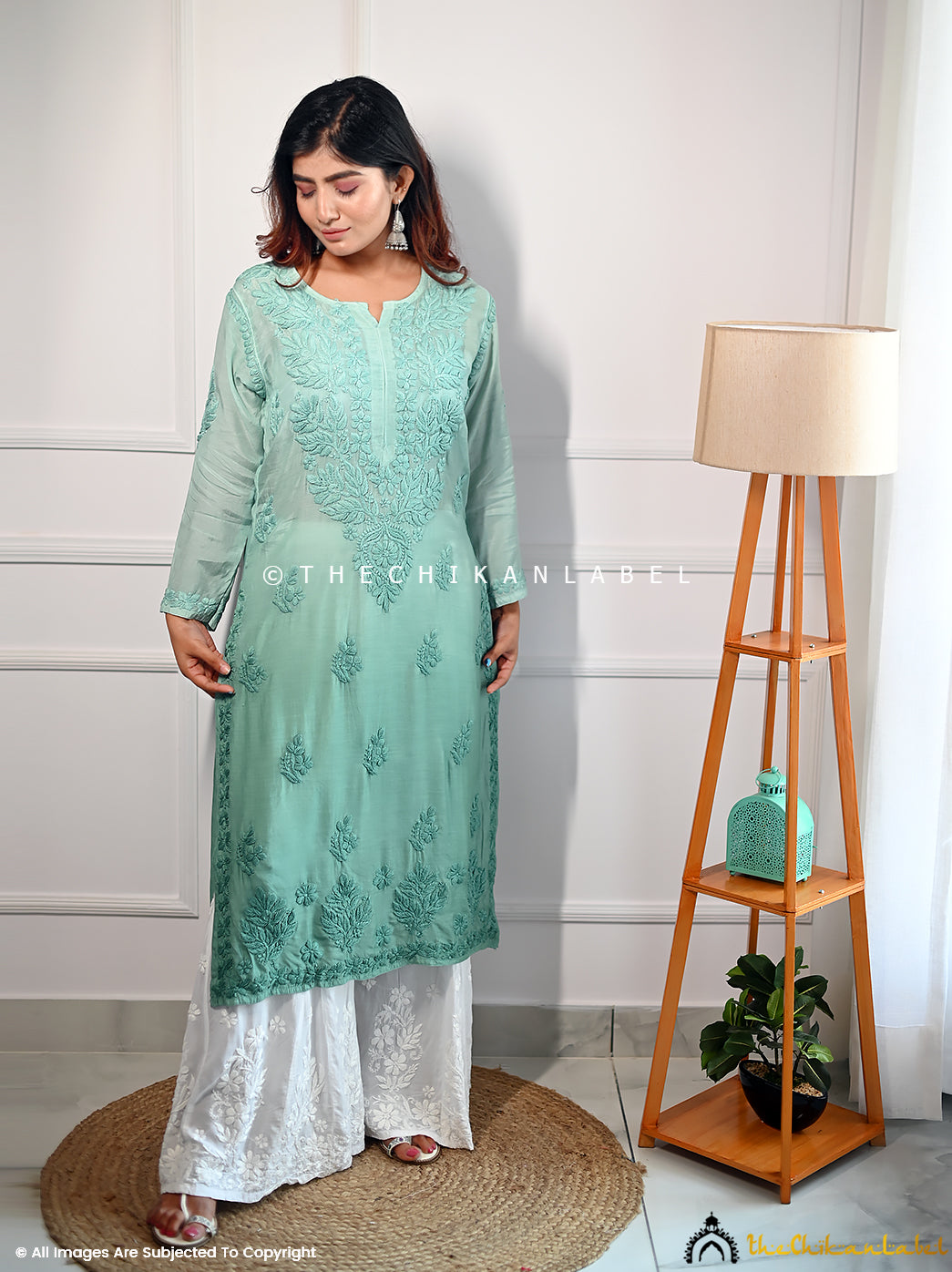 Green Muslin Chikankari Straight Kurti