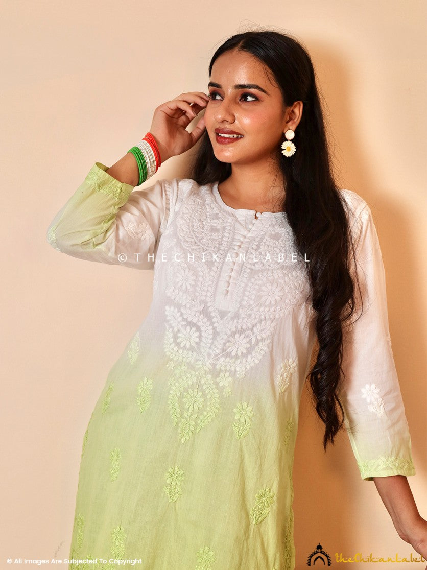 Green Ira Cotton Chikankari Short Kurti