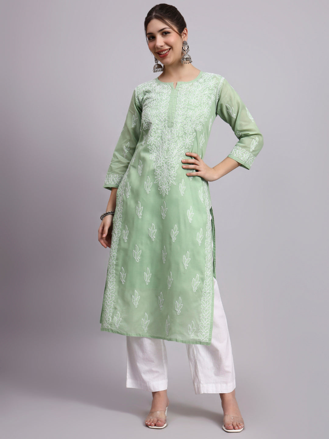 Green Layla Cotton Chikankari Straight Kurti with inner