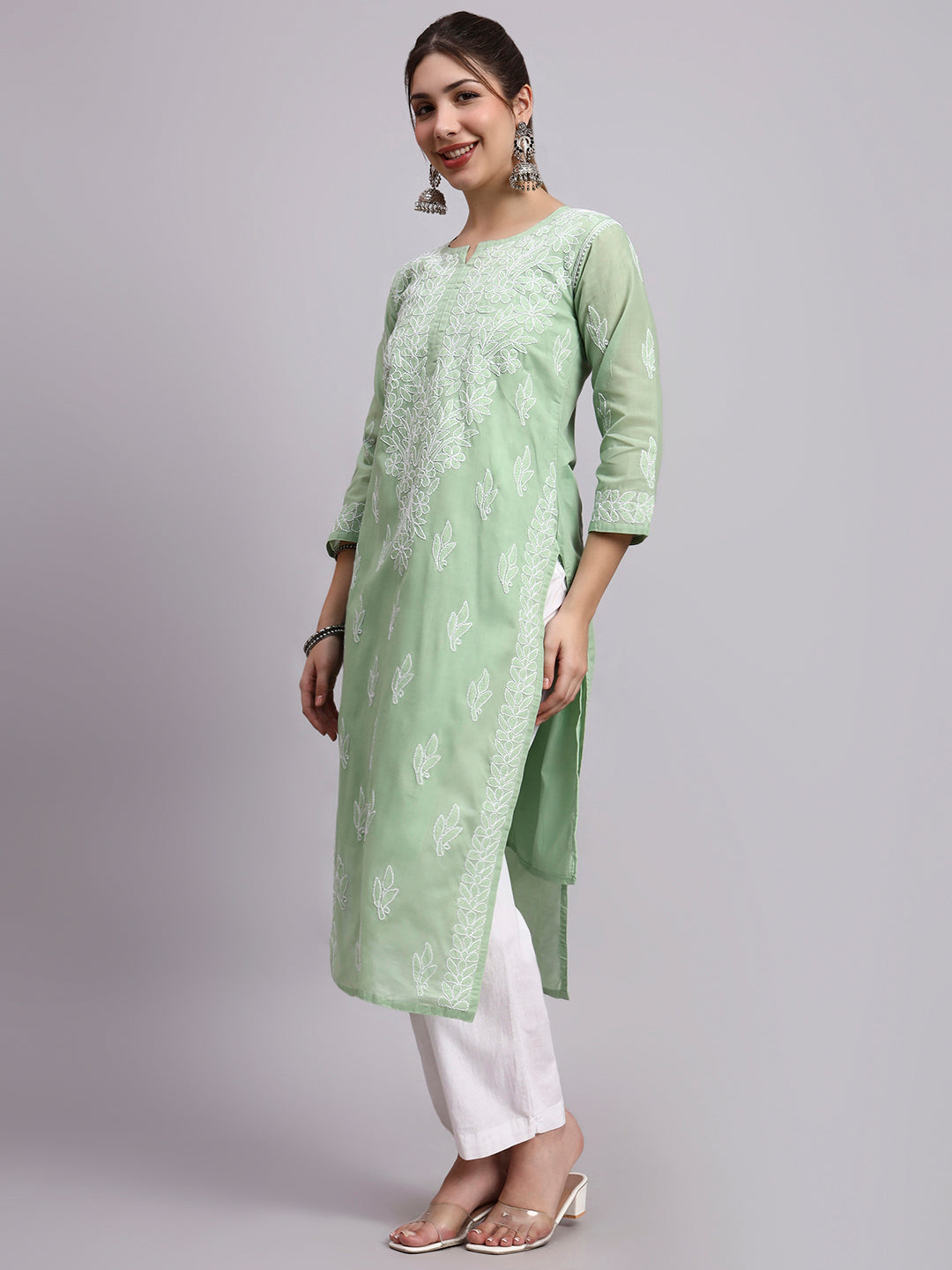 Green Layla Cotton Chikankari Straight Kurti with inner