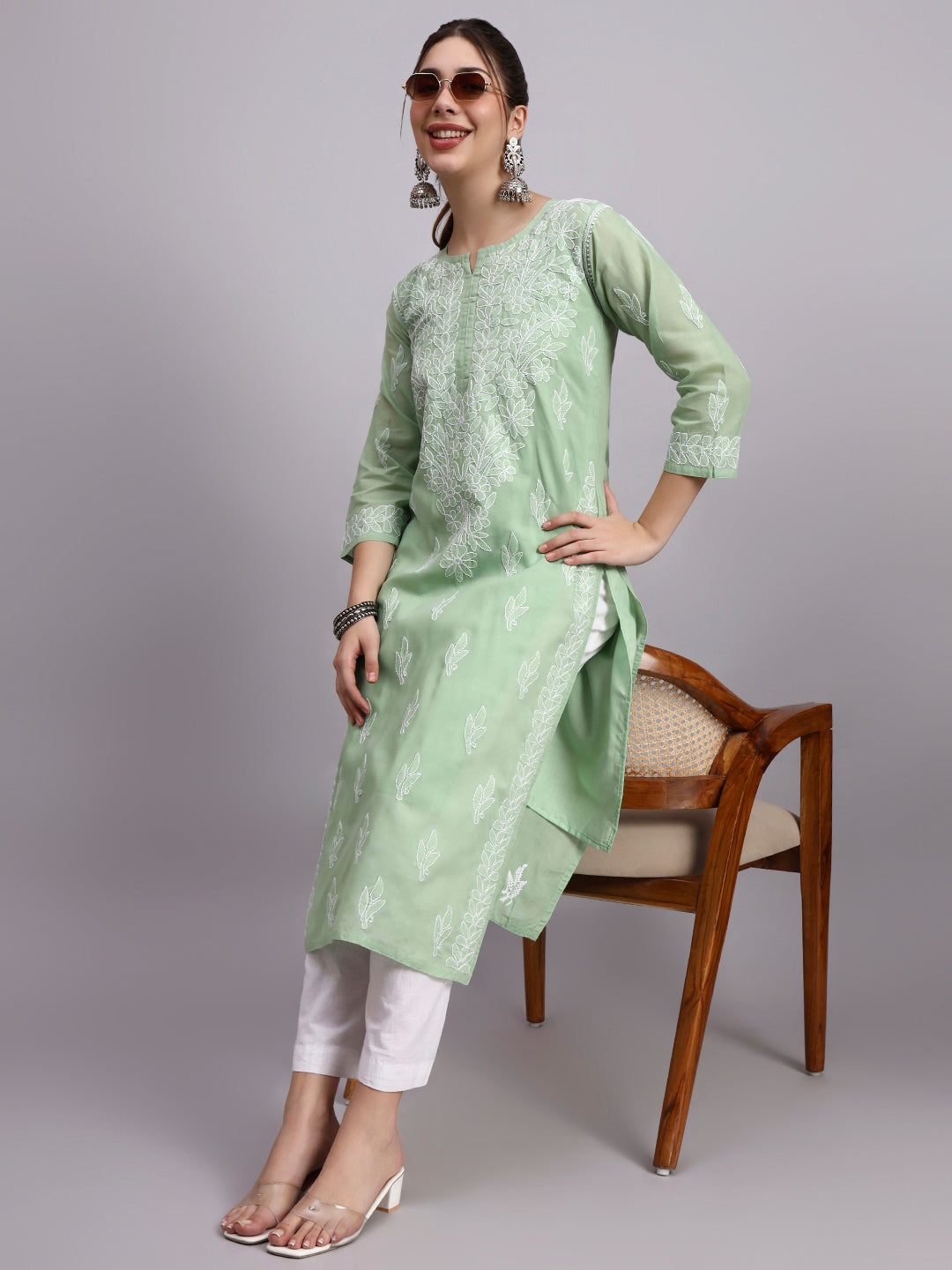Green Layla Cotton Chikankari Straight Kurti with inner