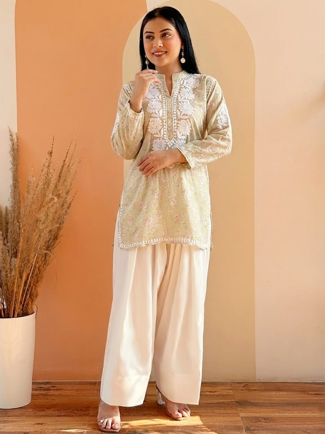 Green Mulmul Printed Chikankari Farshi Salwar Set