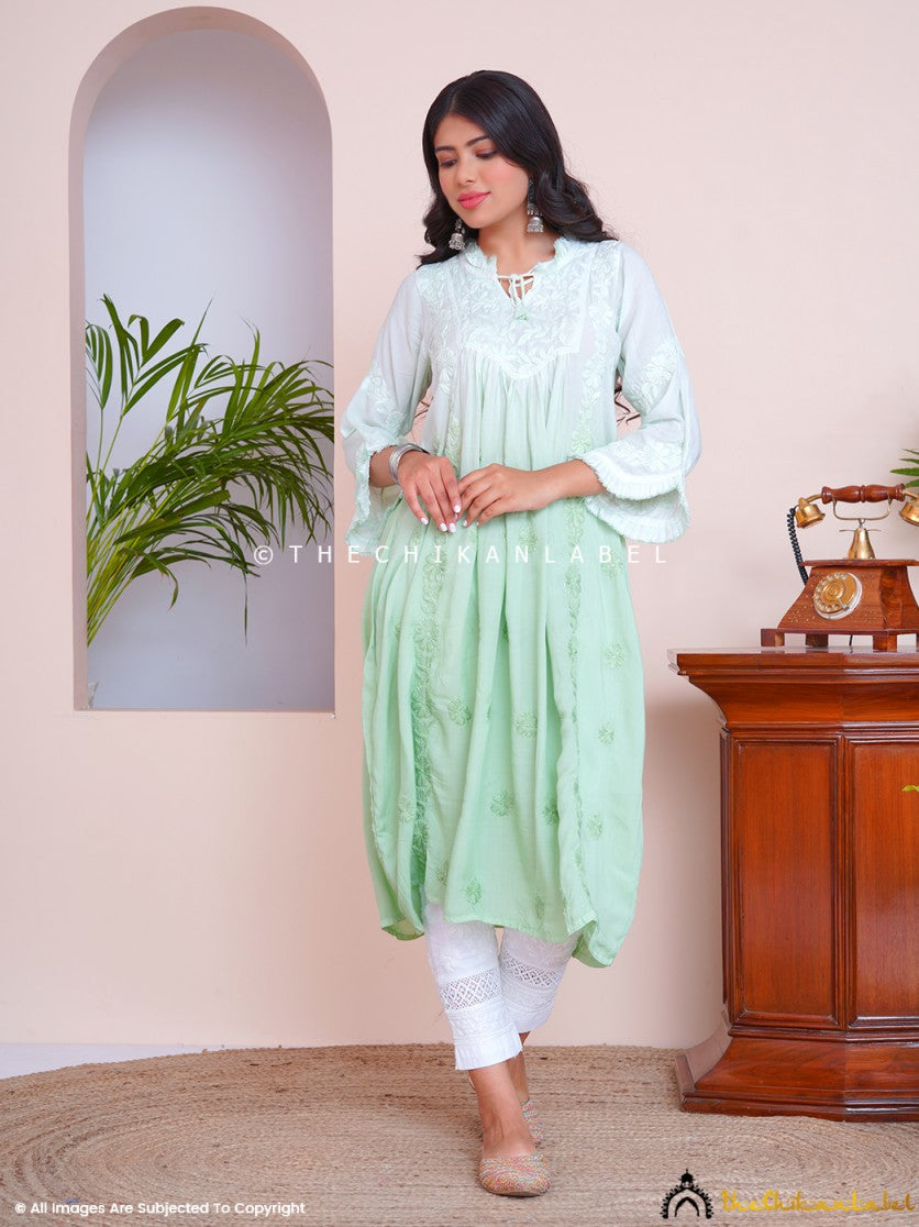 Green Zahrah Muslin Chikankari Jhalar Yok Anarkali ,Chikankari Jhalar Yok Anarkali in Muslin Fabric For Woman