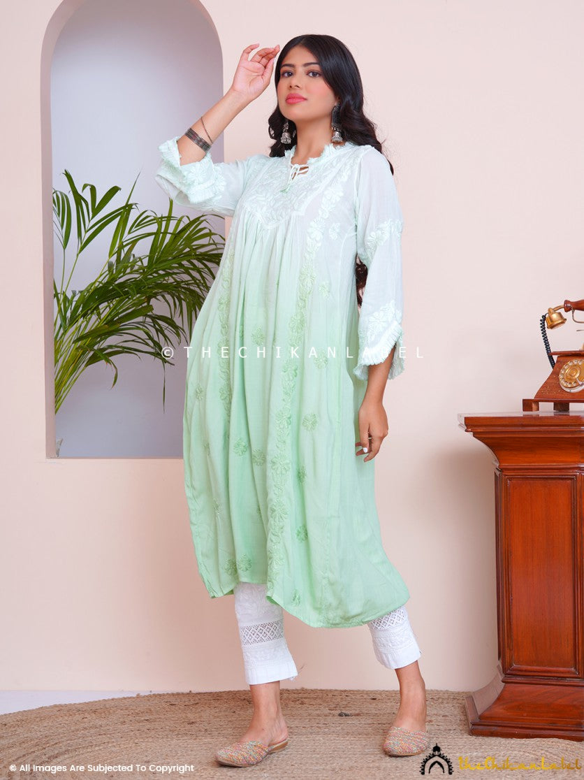 Green Zahrah Muslin Chikankari Jhalar Yok Anarkali ,Chikankari Jhalar Yok Anarkali in Muslin Fabric For Woman