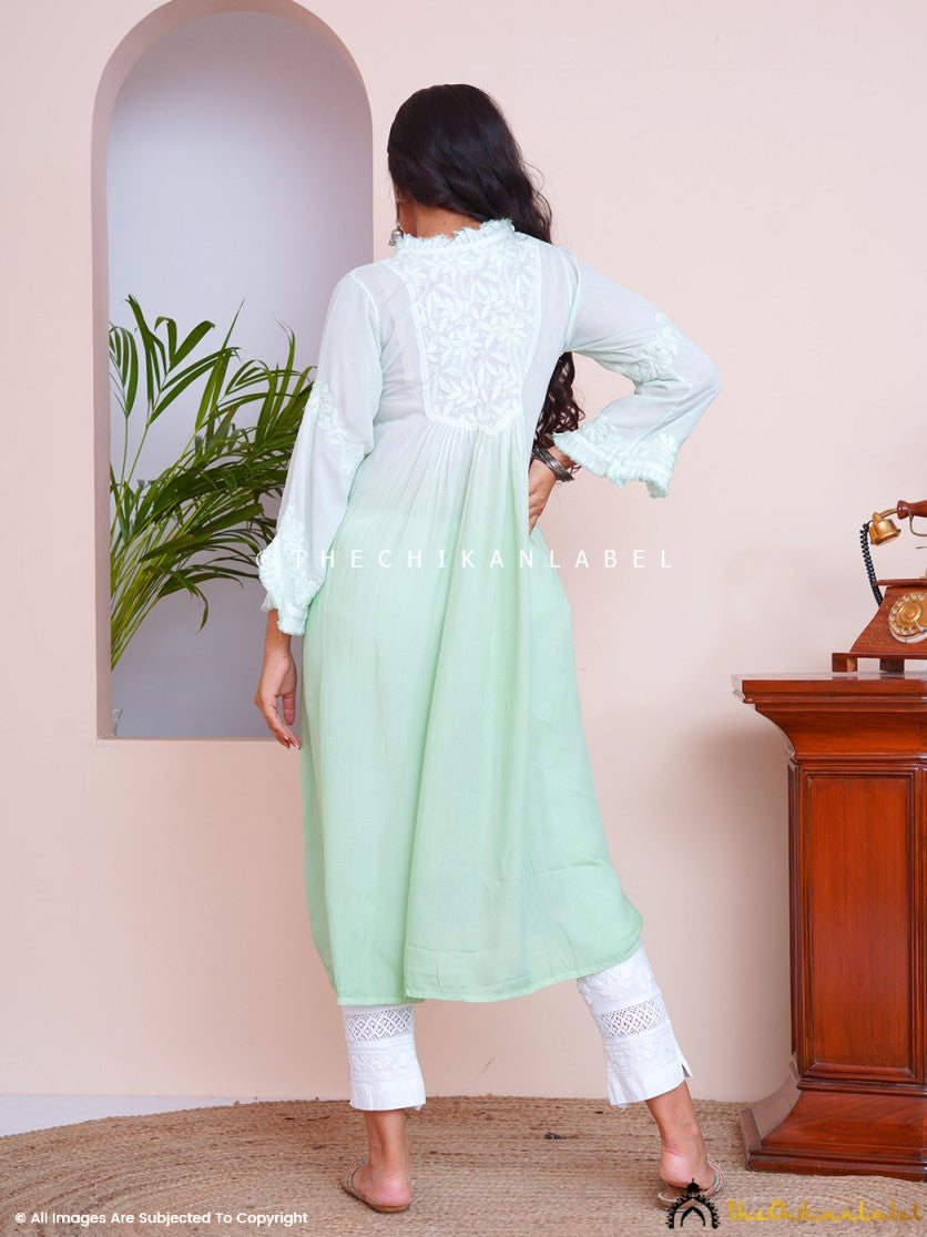 Green Zahrah Muslin Chikankari Jhalar Yok Anarkali ,Chikankari Jhalar Yok Anarkali in Muslin Fabric For Woman