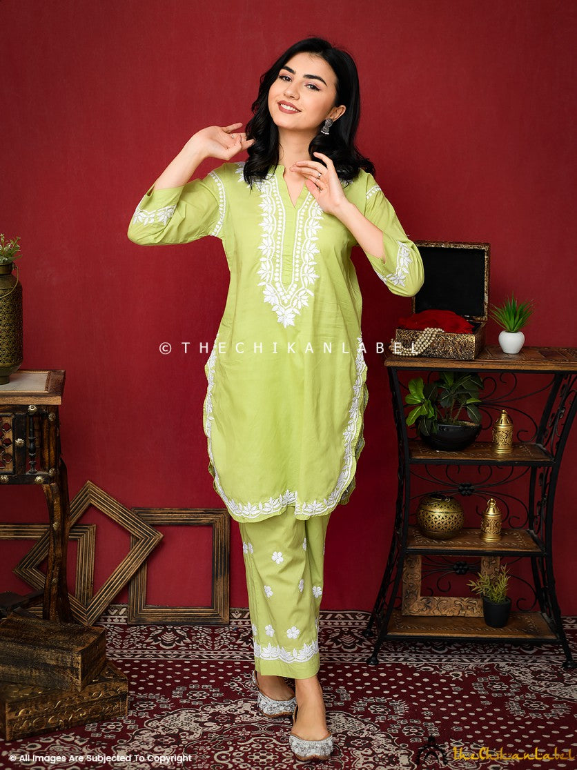 GaStand out in this Rumi lime green cotton kurta and pant set with signature white Chikankari motifs. Lightweight, elegant, and summer-ready.reen Rumi Organic Cotton Chikankari Kurta Set ,Chikankari Kurta Set in Organic Cotton Fabric For Woman