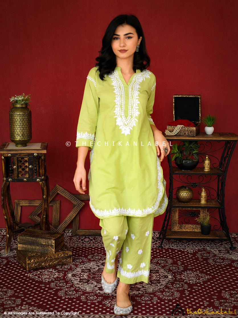 Elegant lime green Rumi Chikankari kurta set with handcrafted white embroidery—perfect for festive mornings, office chic, and casual daywear. Buy now from The Chikan Label.