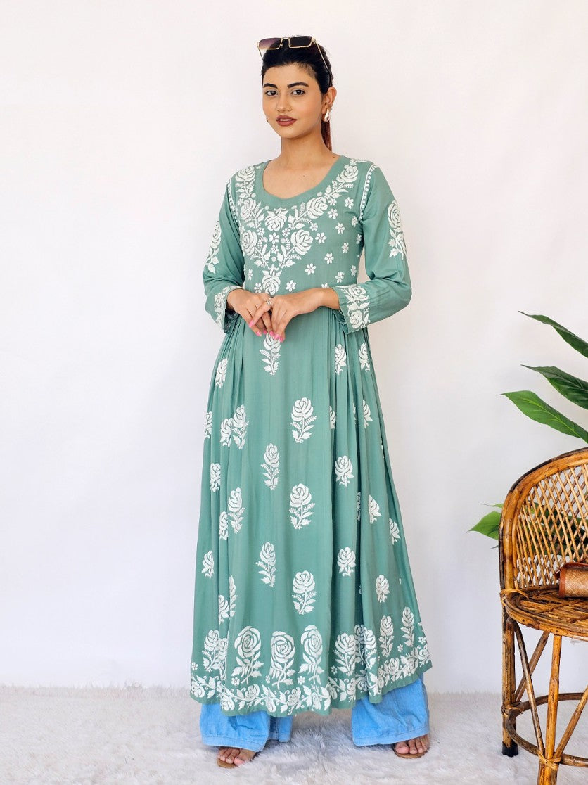 Green Ria Modal Chikankari Anarkali Kurta