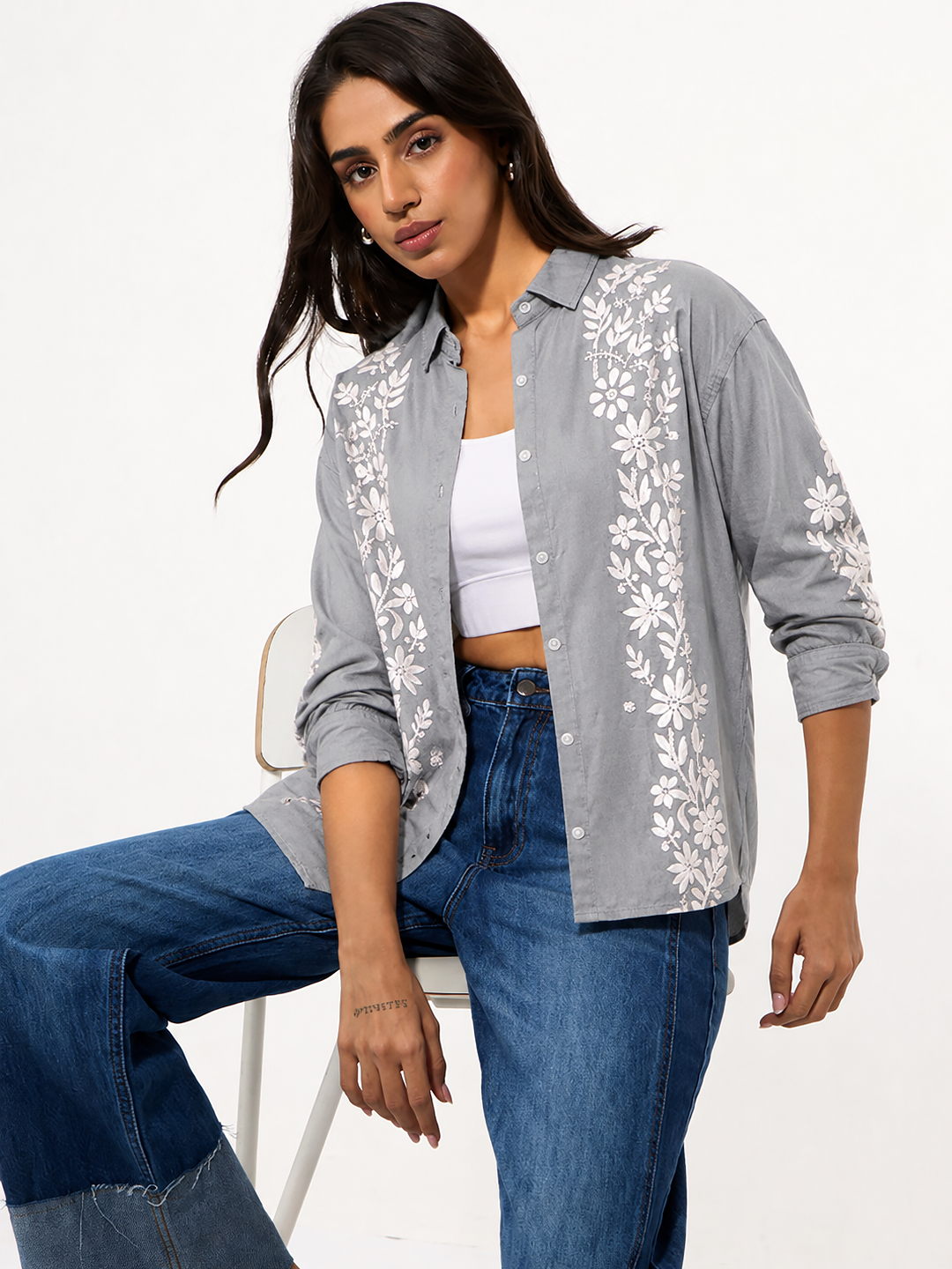 Anvika Rayon Chikankari Shirt - Grey