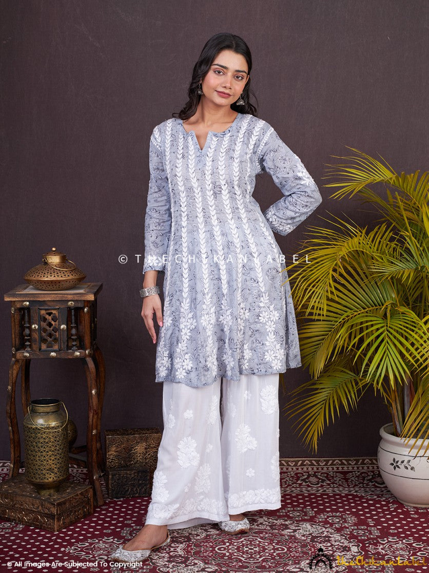 Grey Firosha Mulmul Chikankari Short Anarkali ,Chikankari Short Anarkali in Mulmul fabric for Woman